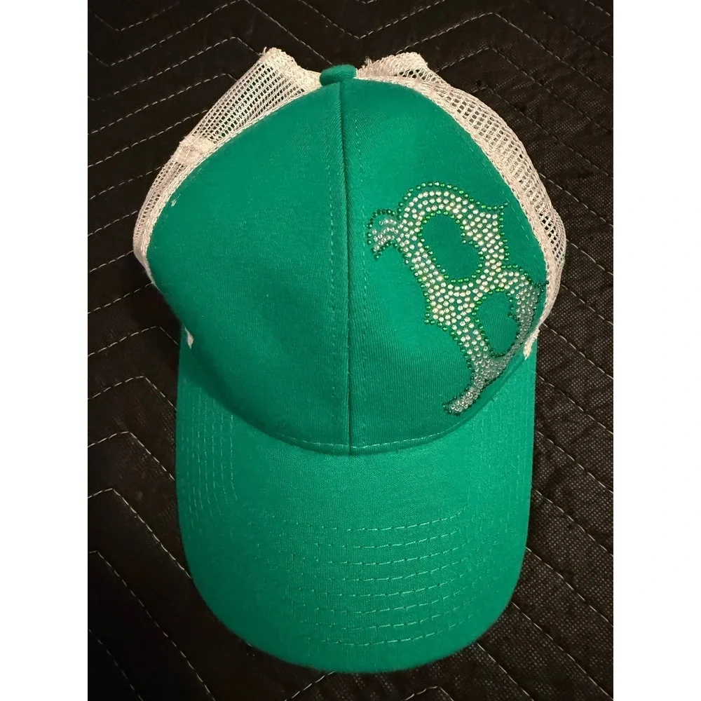 New Era Boston Red Sox Trucker Hat Women OSFM Green Rhinestone Shamrock MLB